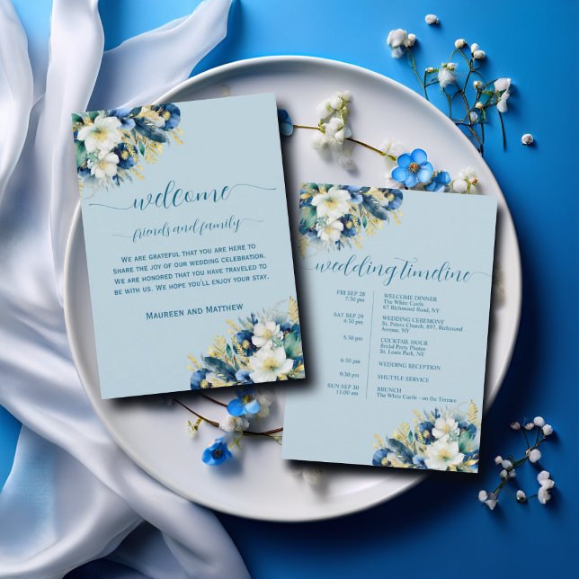 Dusty Blue Floral Wedding Bag Letter Timeline Card Einladung (Von Creator hochgeladen)
