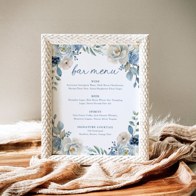 Dusty Blue Floral Wedding Bar Menu Wedding Drinks Poster (Von Creator hochgeladen)