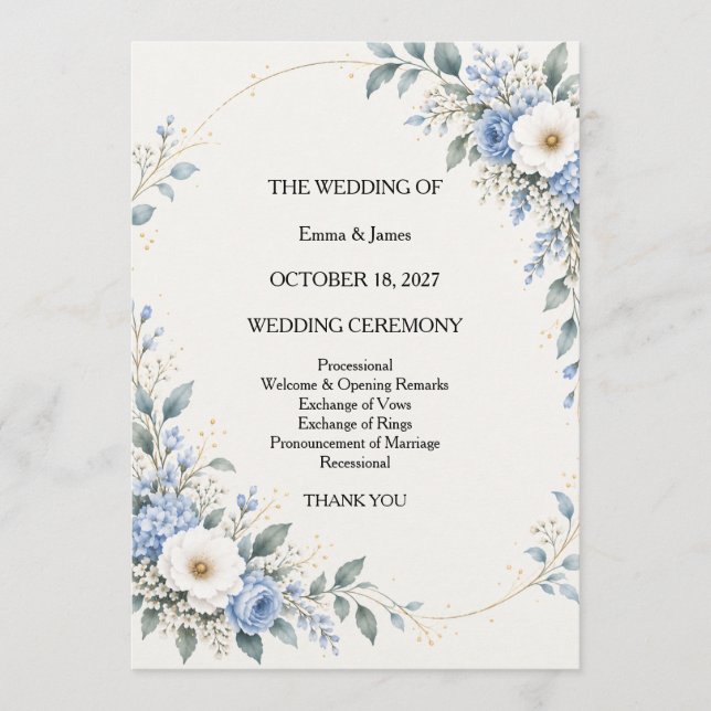 Dusty Blue Floral Wedding Ceremony Program Karte (Vorderseite)