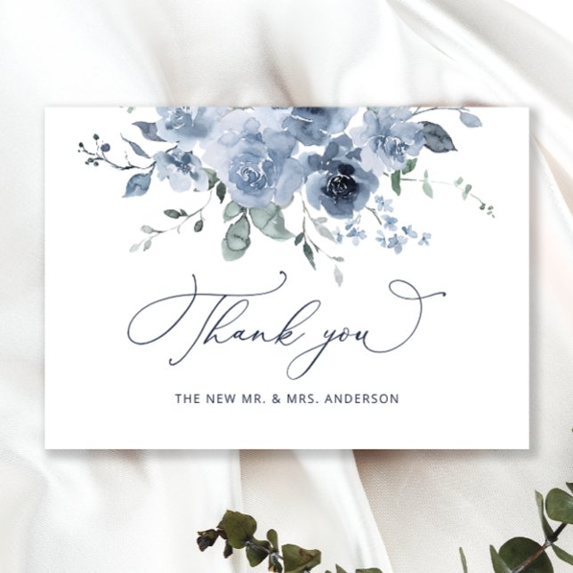 Dusty Blue Floral Wedding Danke Card (Von Creator hochgeladen)