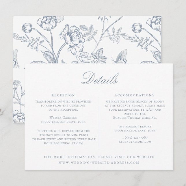 Dusty Blue Floral Wedding Details Card Einladung (Vorne/Hinten)