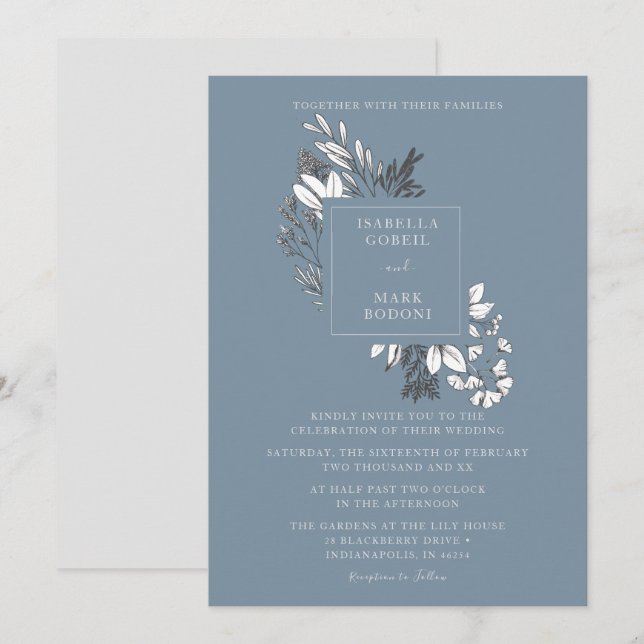 Dusty Blue Floral Wedding Einladung (Vorne/Hinten)