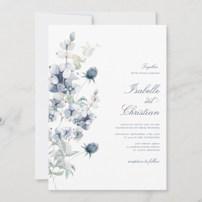 Dusty Blue Floral Wedding Einladung (Vorderseite)