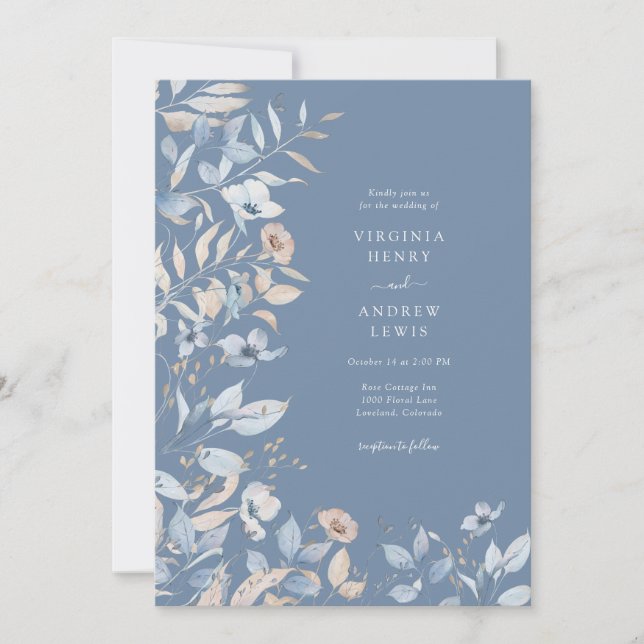 Dusty Blue Floral Wedding Einladung (Vorderseite)
