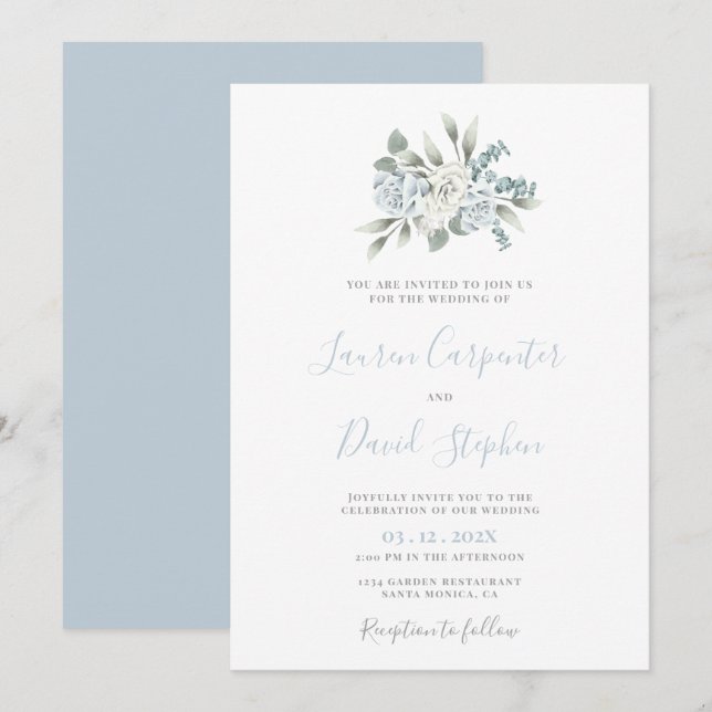 Dusty Blue Floral Wedding Einladung (Vorne/Hinten)