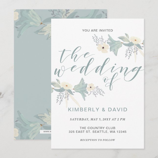 Dusty Blue Floral Wedding Einladung (Vorne/Hinten)