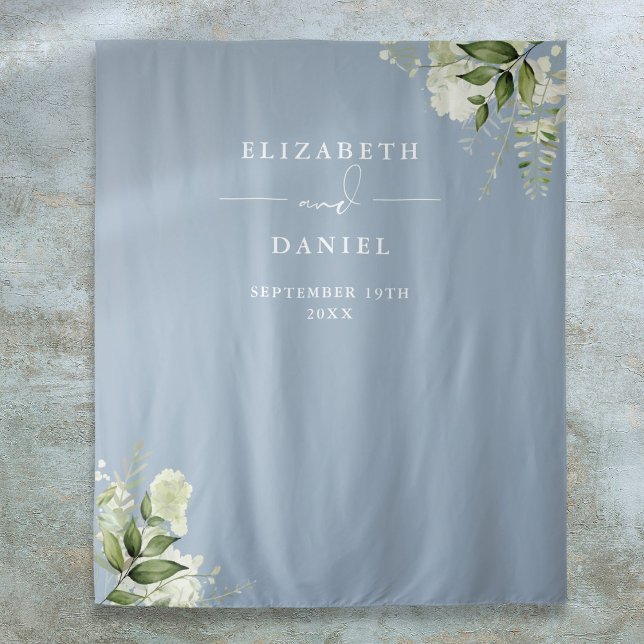 Dusty Blue Floral Wedding Foto Stand Hintergrund Wandteppich (Dusty Blue Floral Wedding Photo Booth Backdrop)