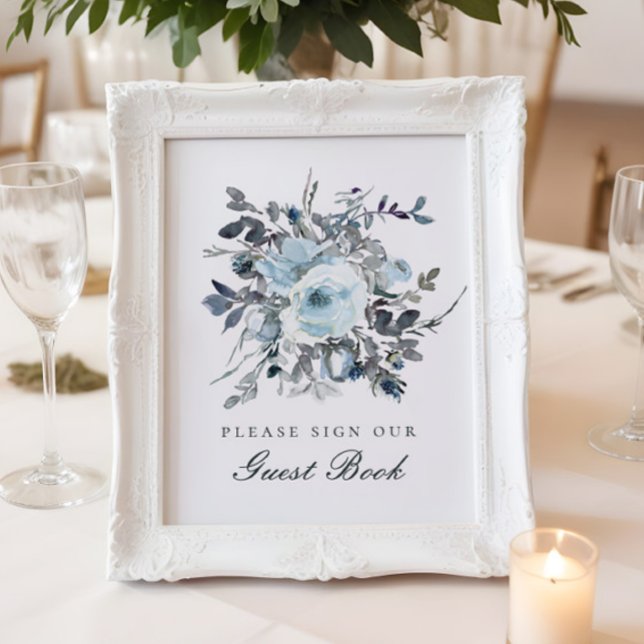 Dusty Blue Floral Wedding Guest Book Sign Poster (Von Creator hochgeladen)