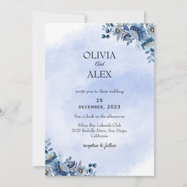 Dusty Blue Floral Wedding Invitation Einladung (Vorderseite)
