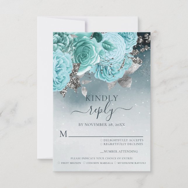Dusty Blue Floral Wedding Meal Choice RSVP Karte (Vorderseite)