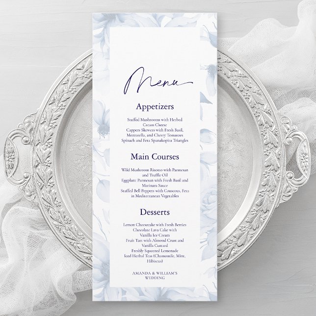 Dusty Blue Floral Wedding Menu Card Einladung (Von Creator hochgeladen)