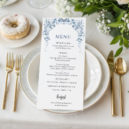 Dusty Blue Floral Wedding Menu | Elegant Bow Roses Menükarte