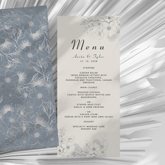 Dusty Blue Floral Wedding Menu Menükarte (Von Creator hochgeladen)