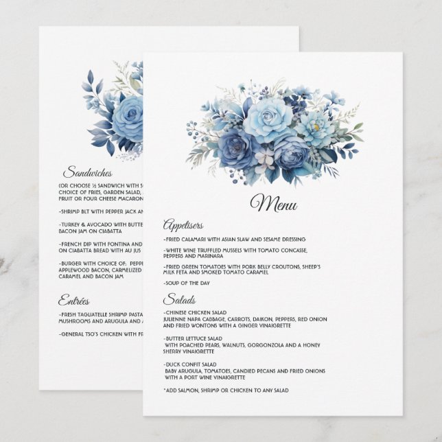 Dusty Blue Floral Wedding Menükarte (Vorne/Hinten)