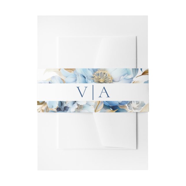 Dusty Blue Floral Wedding Monogram Einladungsbanderole (Vorderseite Beispiel)