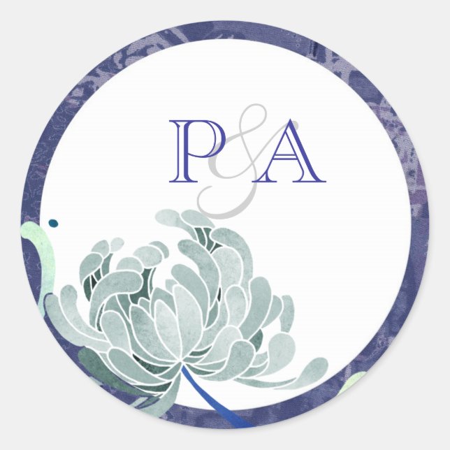 Dusty Blue Floral Wedding Monogramme Runder Aufkleber (Vorderseite)
