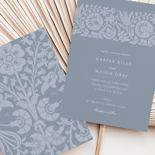 Dusty Blue Floral Wedding Ornamental Einladung (Von Creator hochgeladen)