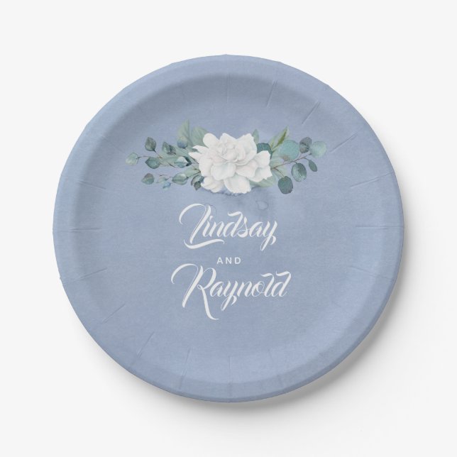 Dusty Blue Floral Wedding Pappteller (Vorderseite)