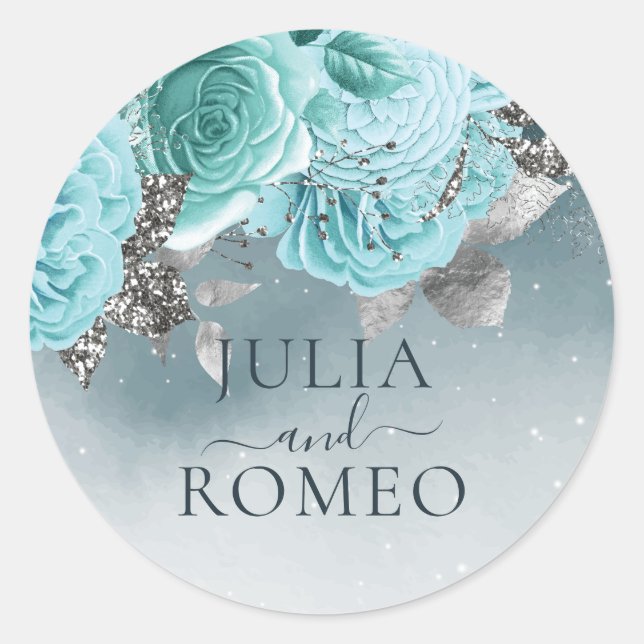 Dusty Blue Floral Wedding Personalisiert Runder Aufkleber (Vorderseite)