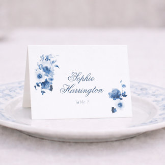 Dusty Blue Floral Wedding Place Card Tischnummer