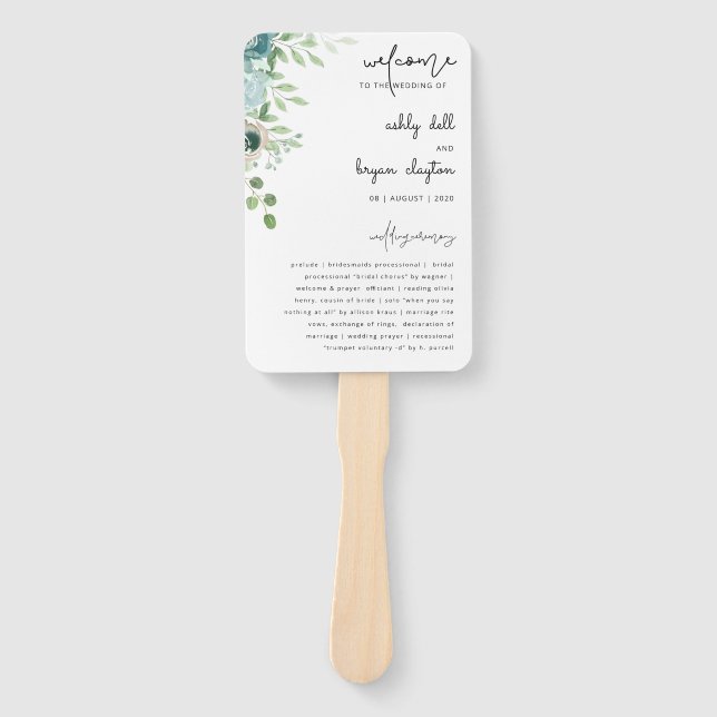 Dusty Blue Floral Wedding Program Set of Fans Fächer (Vorderseite)