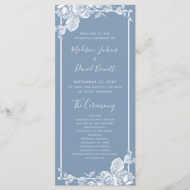 Dusty Blue Floral Wedding Programme (Devant)