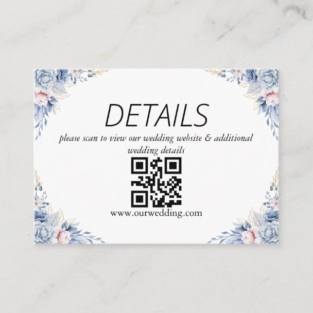 Dusty Blue Floral Wedding QR Code Begleitkarte (Vorderseite)
