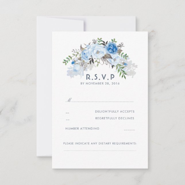 Dusty Blue Floral Wedding RSVP Karte (Vorderseite)