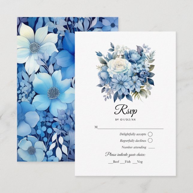 Dusty Blue Floral Wedding RSVP Karte (Vorne/Hinten)
