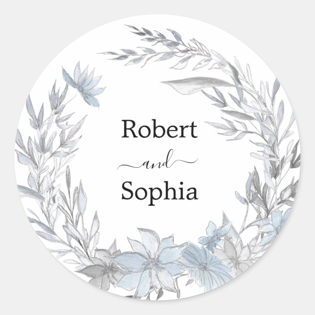 Dusty Blue Floral Wedding Runder Aufkleber (Vorderseite)