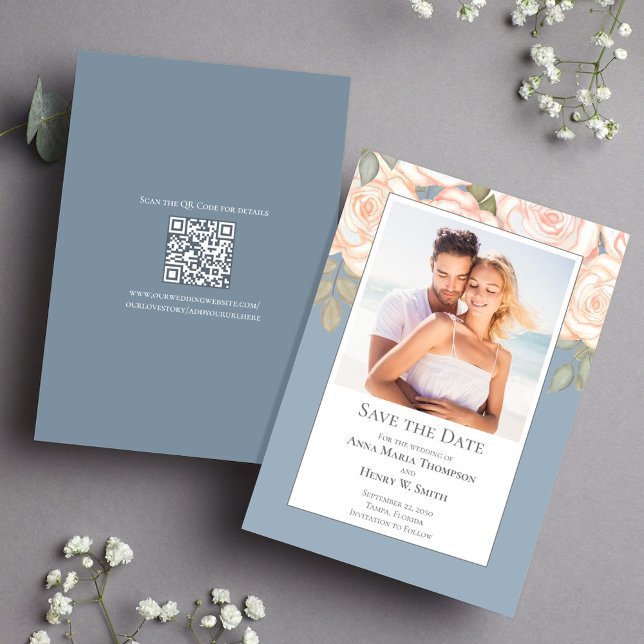 Dusty Blue Floral Wedding Save the Date Foto (Dusty Blue floral save the date photo card with a scannable QR code. )