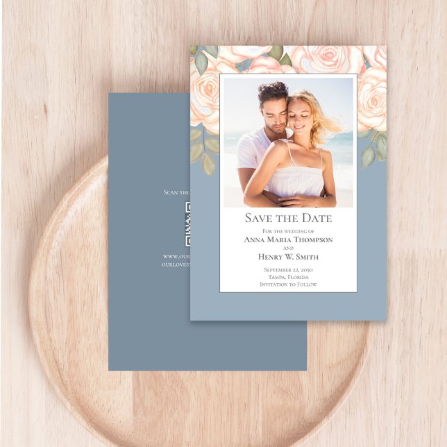 Dusty Blue Floral Wedding Save the Date Foto Einladung (Dusty blue and blush pink floral save the date photo card.)