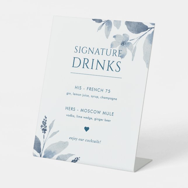 Dusty Blue Floral Wedding Signature Drinks unterze Sockelschild (Vorderseite)