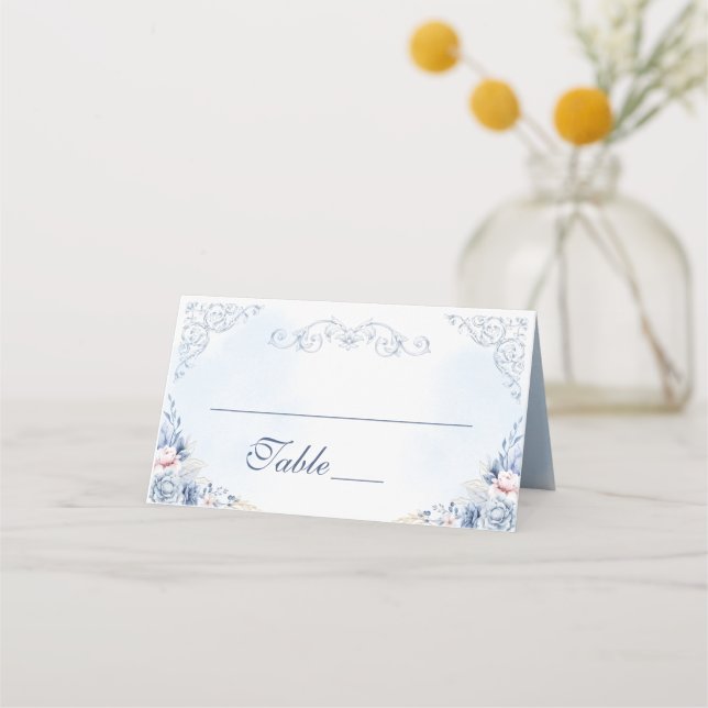 Dusty Blue Floral Wedding Table Number Platzkarte (Vorderseite)