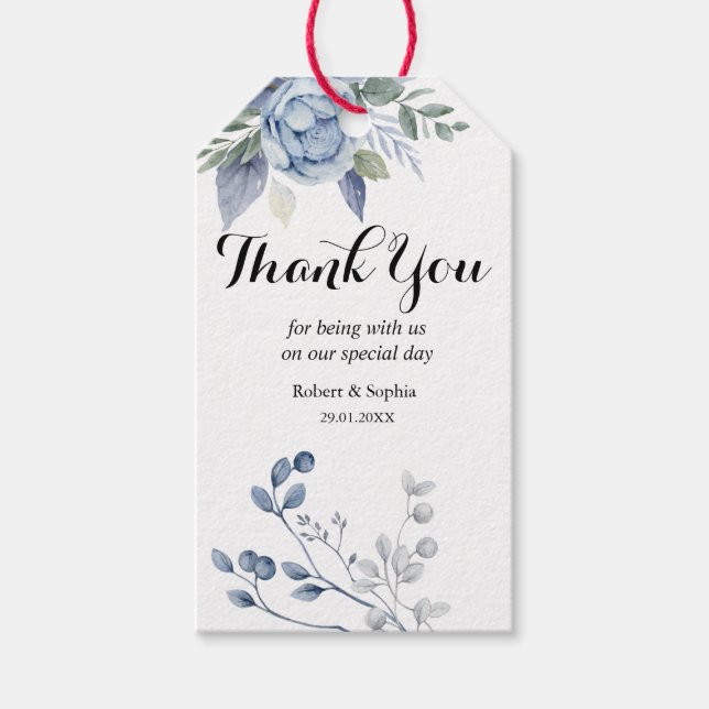 Dusty Blue Floral Wedding-Tag Geschenkanhänger (Vorderseite)