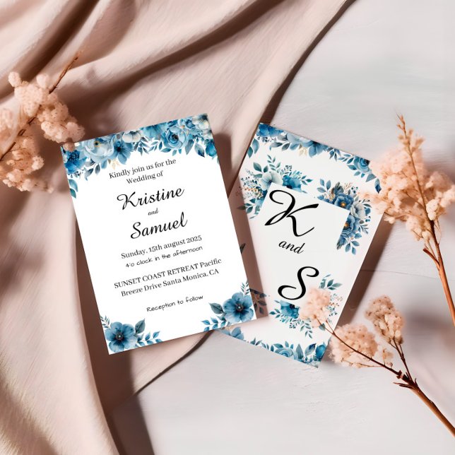 Dusty Blue Floral Wedding Template Einladung (Von Creator hochgeladen)