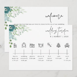 Dusty Blue Floral Wedding Timeline Welcome Card Einladung