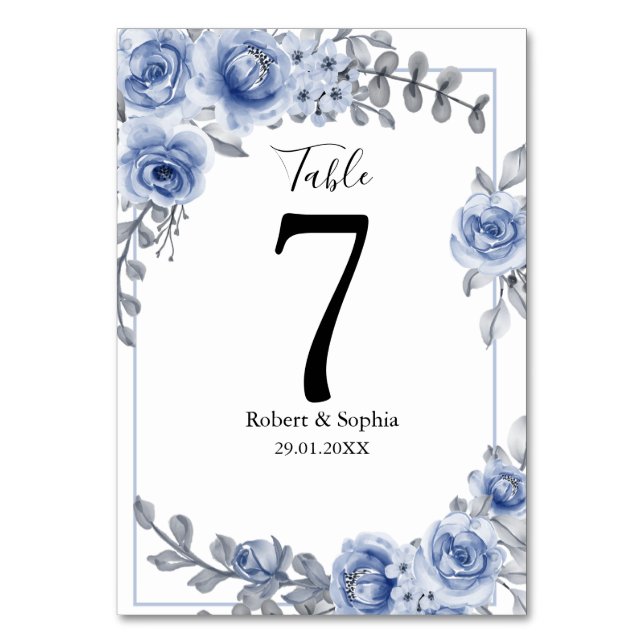 Dusty Blue Floral Wedding Tischnummer (Vorderseite)