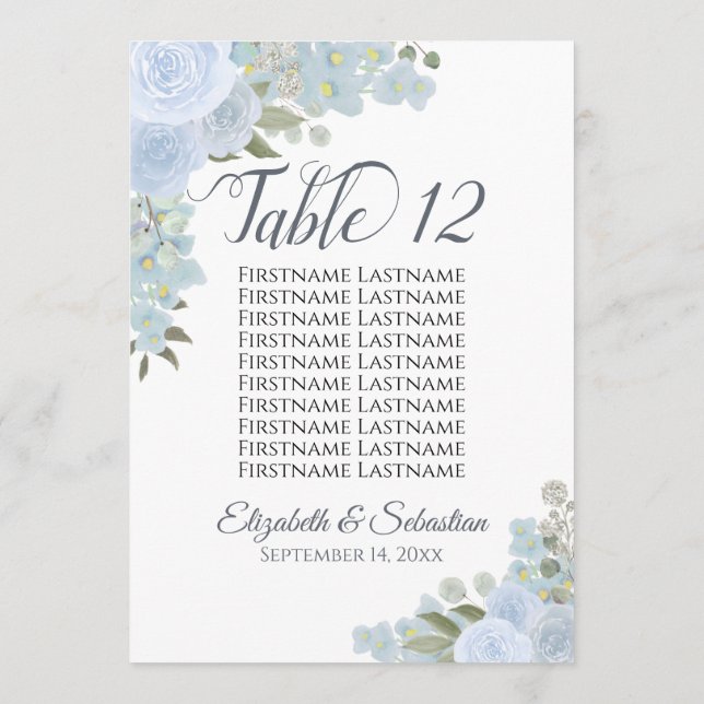 Dusty Blue Floral Wedding Tischnummer Names Large (Rückseite)