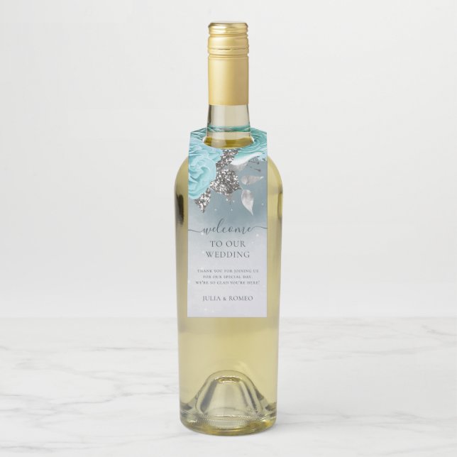 Dusty Blue Floral Wedding Vielen Dank Flaschenanhänger (Auf Flasche)