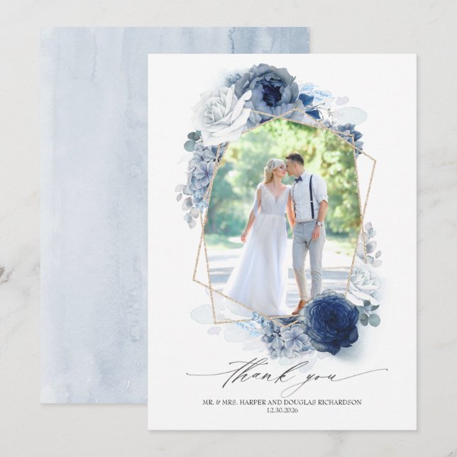 Dusty Blue Floral Wedding Vielen Dank Foto Dankeskarte (Vorne/Hinten)
