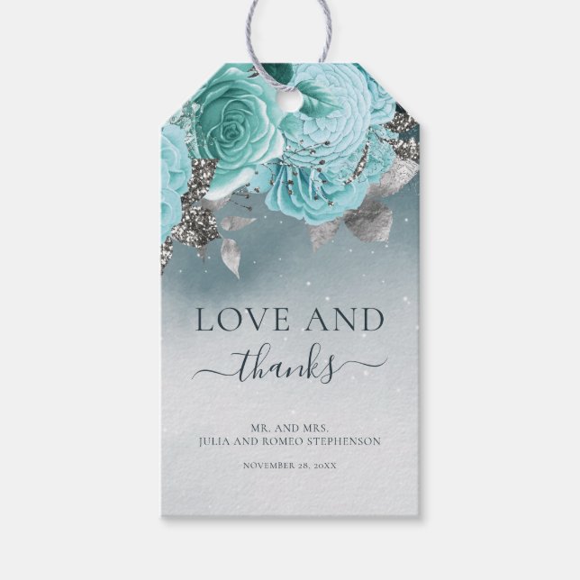 Dusty Blue Floral Wedding Vielen Dank Geschenkanhänger (Vorderseite)