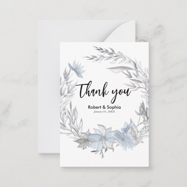 Dusty Blue Floral Wedding Vielen Dank Mitteilungskarte (Vorderseite)