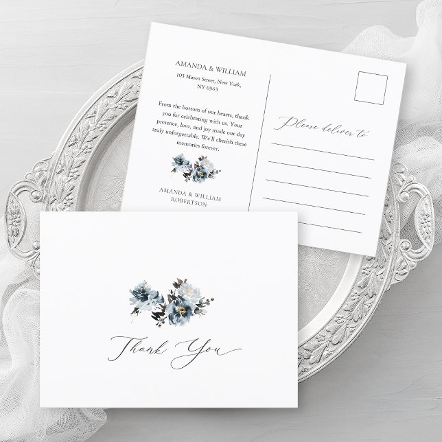 Dusty Blue Floral Wedding Vielen Dank Postcard Ankündigungspostkarte (Von Creator hochgeladen)