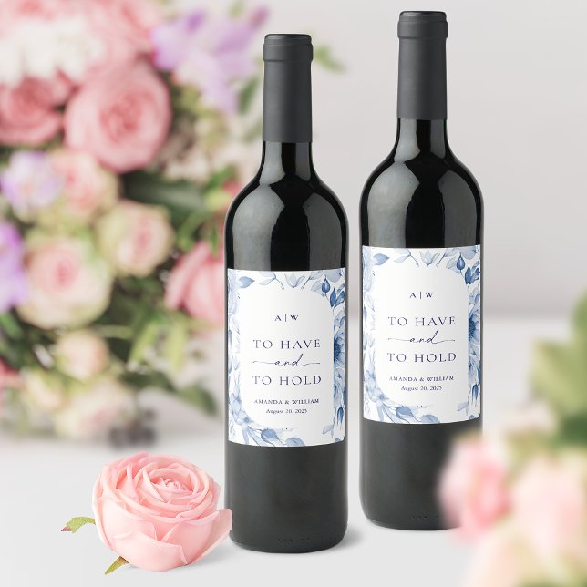 Dusty Blue Floral Wedding Weinlabel Weinetikett (Von Creator hochgeladen)