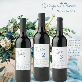 Dusty Blue Floral Wedding Wine Label Tischnummern