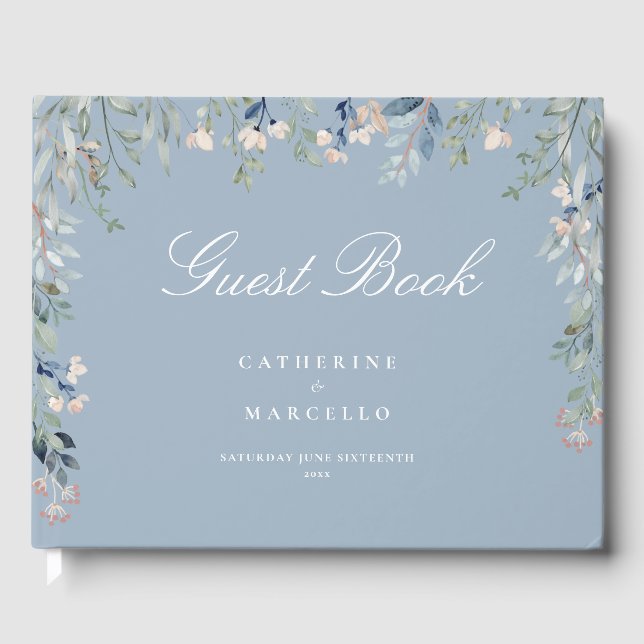 Dusty Blue Floral Wildblumen Cascade Wedding Gästebuch (Vorderseite)