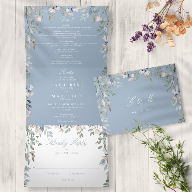 Dusty Blue Floral Wildblumen Foto Hochzeit Dreifach Gefaltete Einladung (Von Creator hochgeladen)