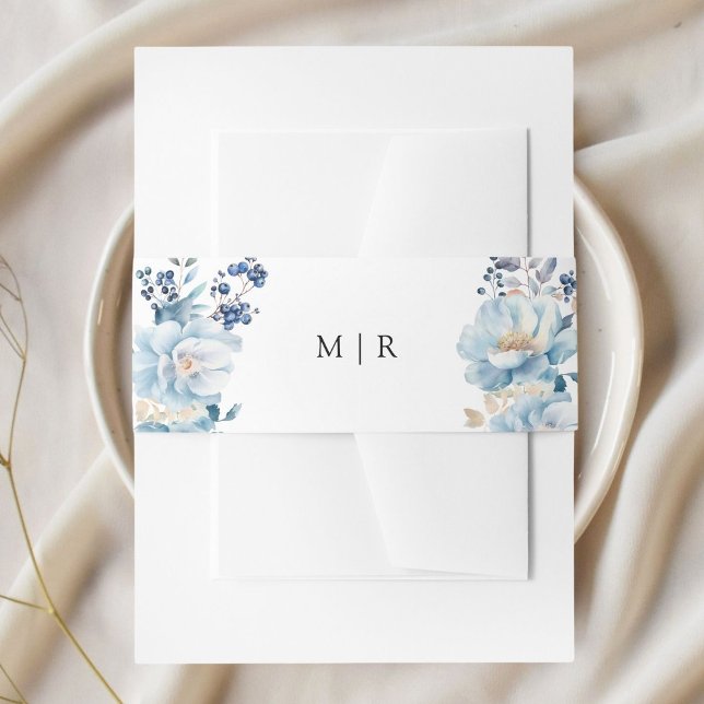 Dusty Blue Floral Winter Wedding Einladungsbanderole (Von Creator hochgeladen)