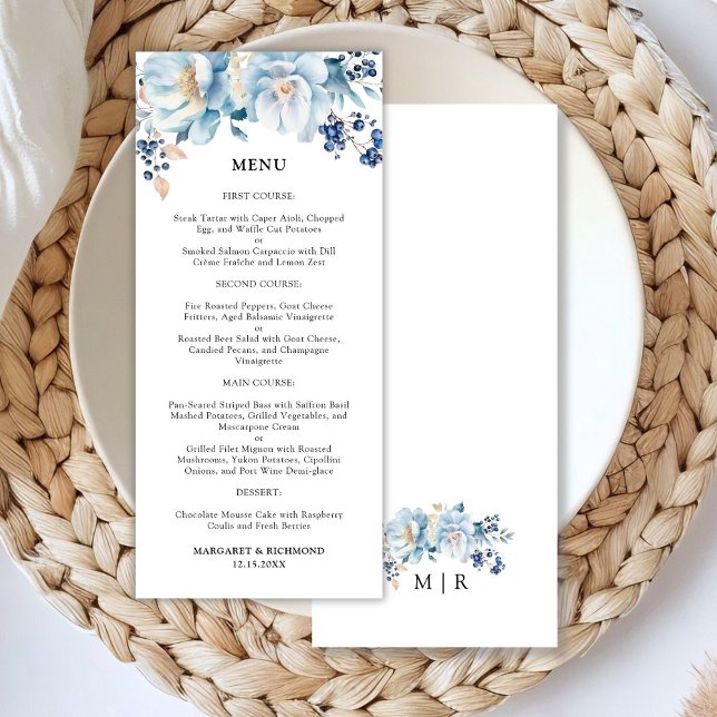Dusty Blue Floral Winter Wedding Menu Menükarte (Von Creator hochgeladen)